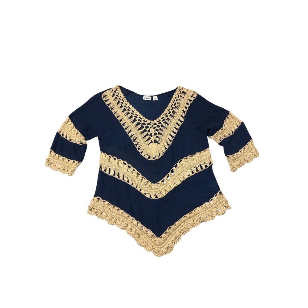 Cato Navy Blue Crochet Trim V-Neck Sharkbite Hem Blouse Top Women Large Boho